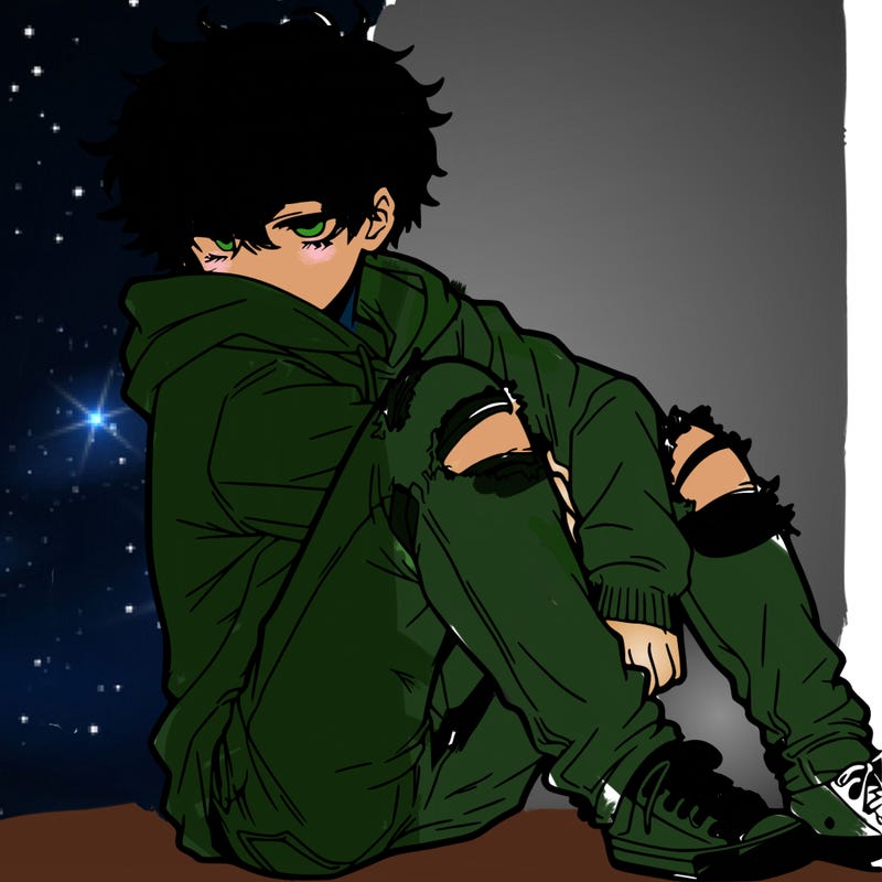 a male hoddie ripped jeans messy hair anime