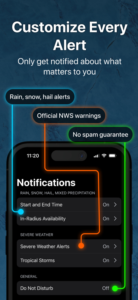 RainViewer app screen showing customizable weather alert settings for rain, snow, and severe weather.