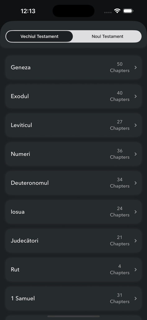 Biblia Cornilescu - List of Old Testament books in Romanian within the Biblia Cornilescu app interface