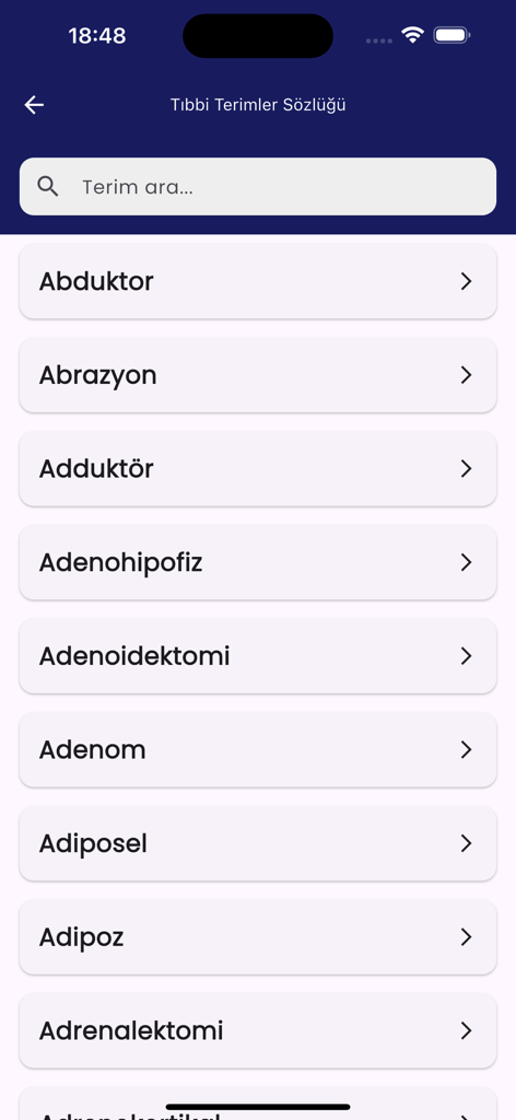 Oberfläche der Vaka Protokolleri App, die eine durchsuchbare Liste türkischer medizinischer Begriffe wie Abduktor und Abrazyon zeigt