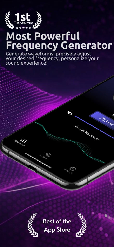Frequency Generator: Tone & Hz - Frequency Generator app interface on iPhone showing sound waveform and frequency adjustment