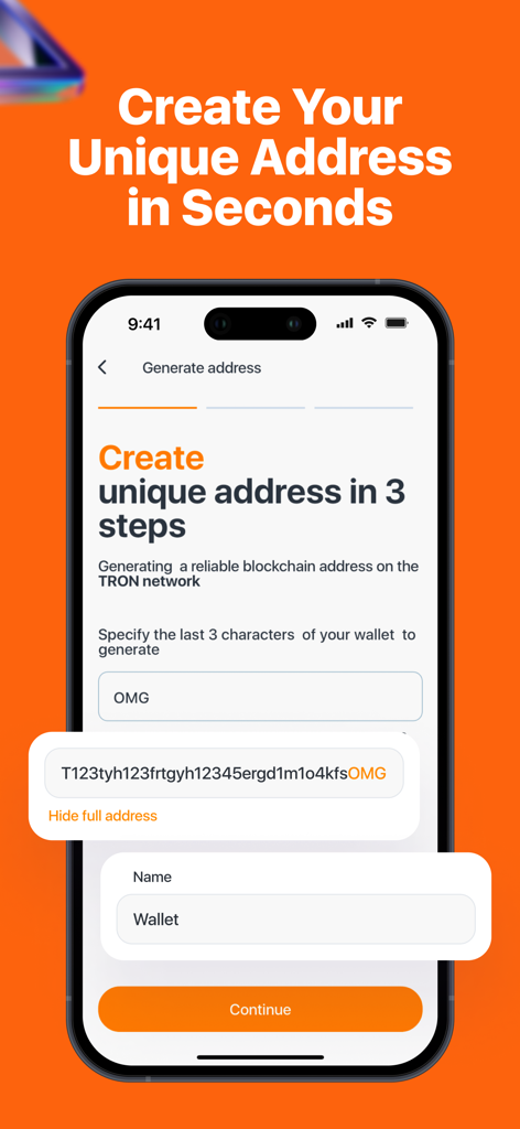 Safe Wallet mobile app screen showing how to generate a custom TRON blockchain address with a specific ending