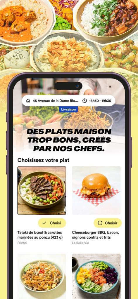 Frichti : Plats maison & apéro - Interface de l'application mobile Frichti montrant un menu de repas faits maison préparés par des chefs, dont un tataki de bœuf et un cheeseburger.