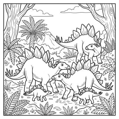 Journey back in time with this fascinating Stegosaurus social behavior coloring page, illustrating these magnificent dinosaurs in their natural prehistoric habitat. Observe adults and their young interacting, offering a unique glimpse into ancient herd dynamics.