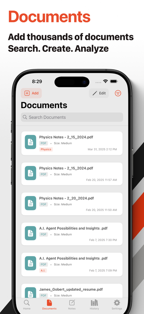 Chunk: AI Research Assistant - The documents management screen in the Chunk AI app showing a list of uploaded research PDF files on an iPhone