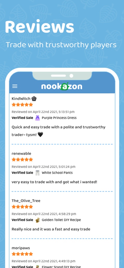Nookazon app screen showing five star user ratings and reviews for Animal Crossing item trades.