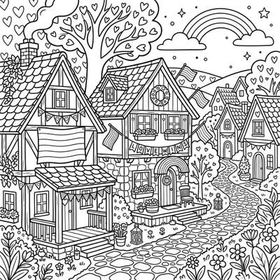 Immerse yourself in a heartwarming scene of traditional village cottages beautifully decorated for Pride Month. This delightful coloring page celebrates love, diversity, and community with charming details.
