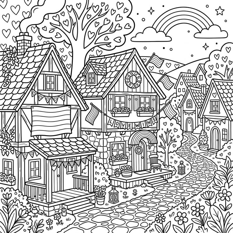 Immerse yourself in a heartwarming scene of traditional village cottages beautifully decorated for Pride Month. This delightful coloring page celebrates love, diversity, and community with charming details.