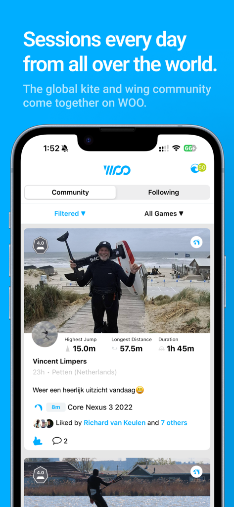 Mobile app interface of WOO Sports showing the global kite and wing community feed with session data and user posts