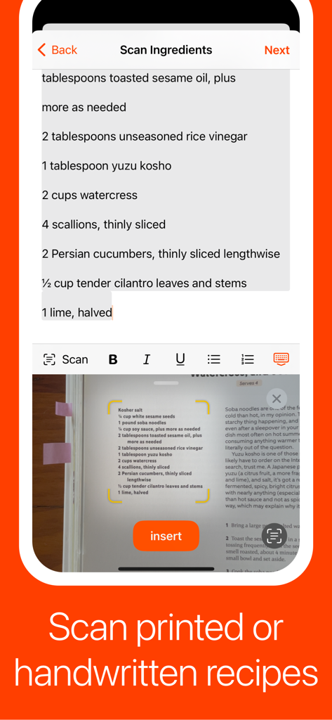 Smartphone scanning ingredients from a printed cookbook using the Umami Recipe Manager app