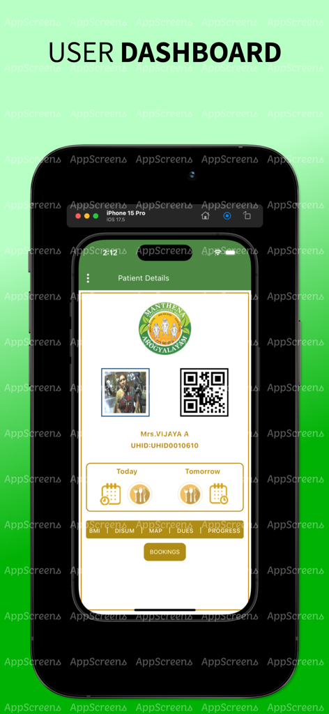 환자 프로필 정보와 식단 일정 아이콘을 보여주는 Naturo Care 앱의 사용자 대시보드