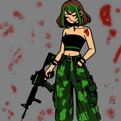 a dangerous girlcrop top and baggy jeans with a rifle in her hand