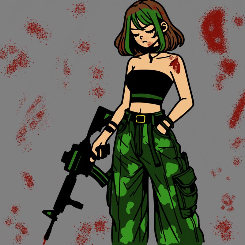 a dangerous girlcrop top and baggy jeans with a rifle in her hand
