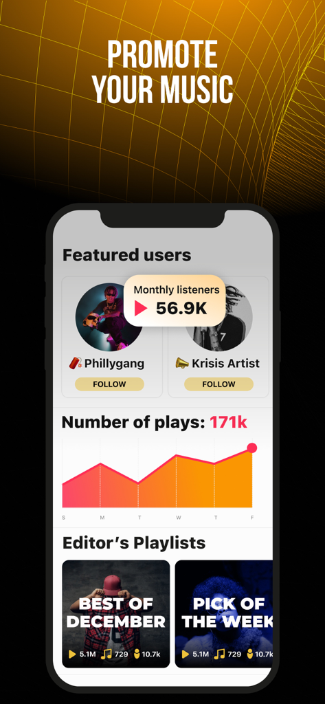 Rap Fame - Rap Music Studio - 월간 리스너 통계, 재생 횟수 증가 그래프, 편집자 플레이리스트를 보여주는 아티스트 홍보 기능을 보여주는 Rap Fame 앱 인터페이스.