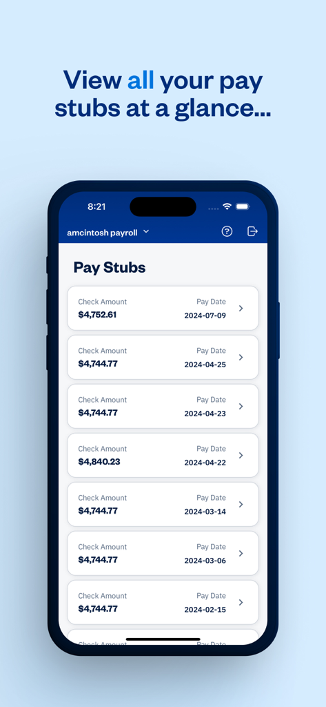 L'application mobile FreshBooks Connect affiche une liste de bulletins de paie avec les montants des chèques et les dates de paie.