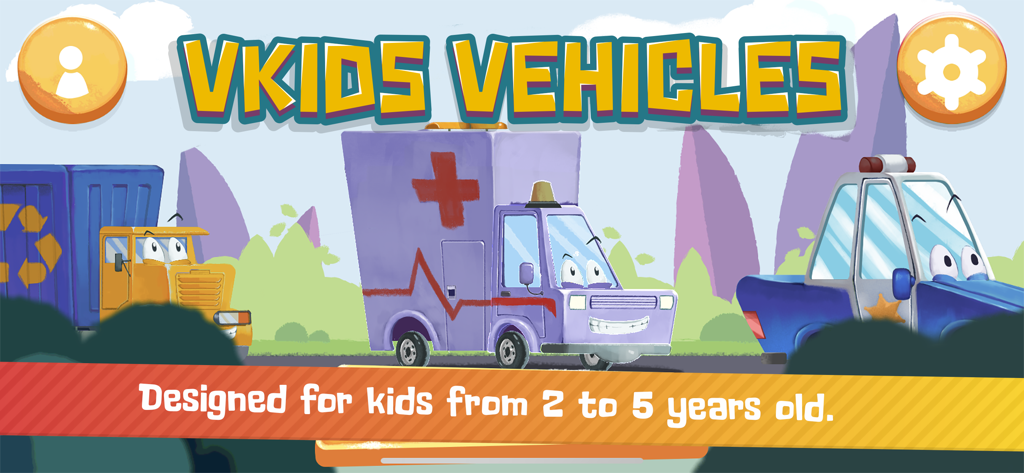 Vkids Vehicles: Games for kids - Ambulanza e auto della polizia dei cartoni animati nell'app Vkids Veicoli per bambini dai 2 ai 5 anni