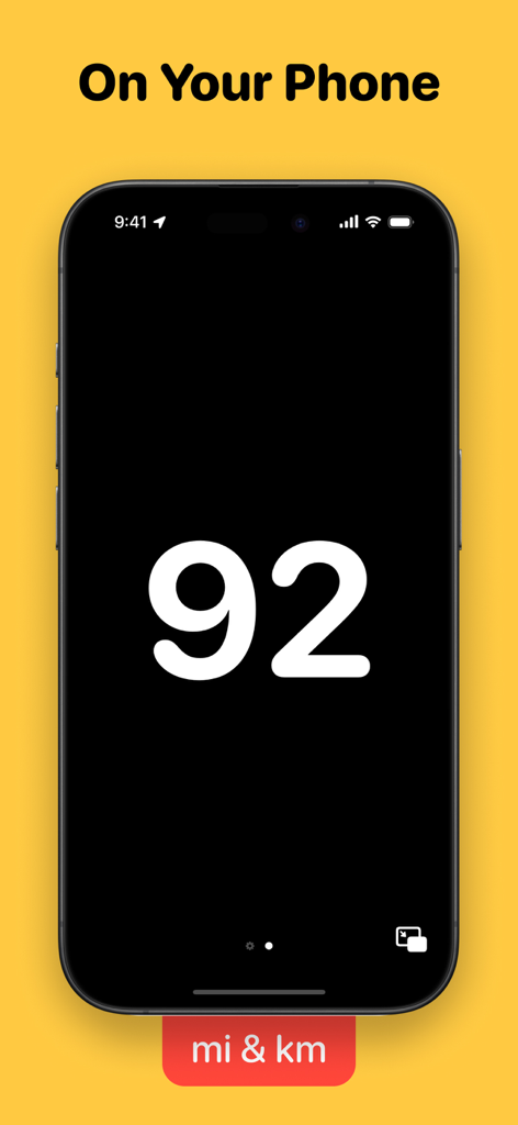 Simple Speedometer Pro - Minimalist speedometer interface on iPhone showing speed in large white digits with miles and kilometers options