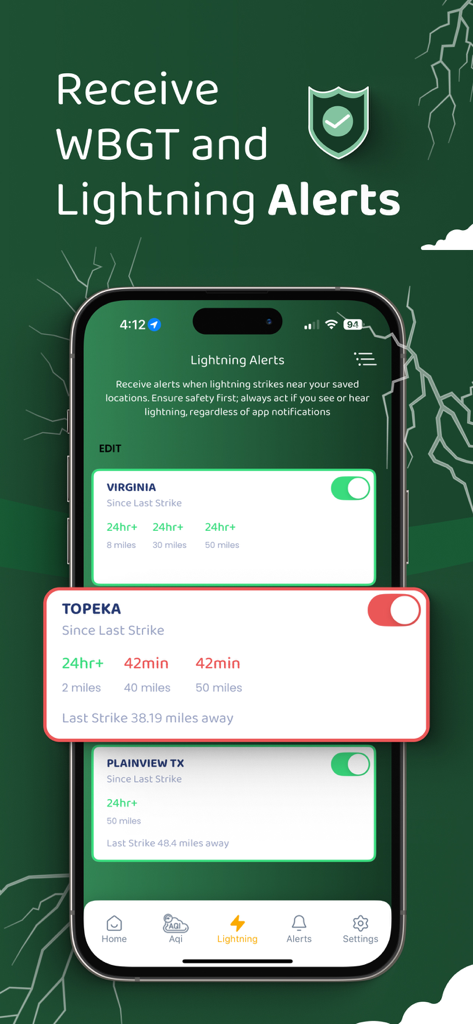 Zelus WBGT - Zelus WBGT mobile app screen showing lightning alerts and tracking for multiple locations like Topeka and Virginia