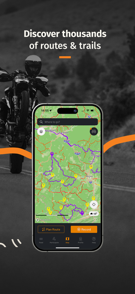 REVER app displaying a map with highlighted motorcycle routes and trails on a smartphone