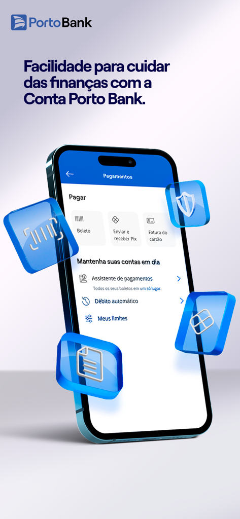 Porto: Conta Digital e Seguros - Porto Bank app showing digital payment options for Pix and bills
