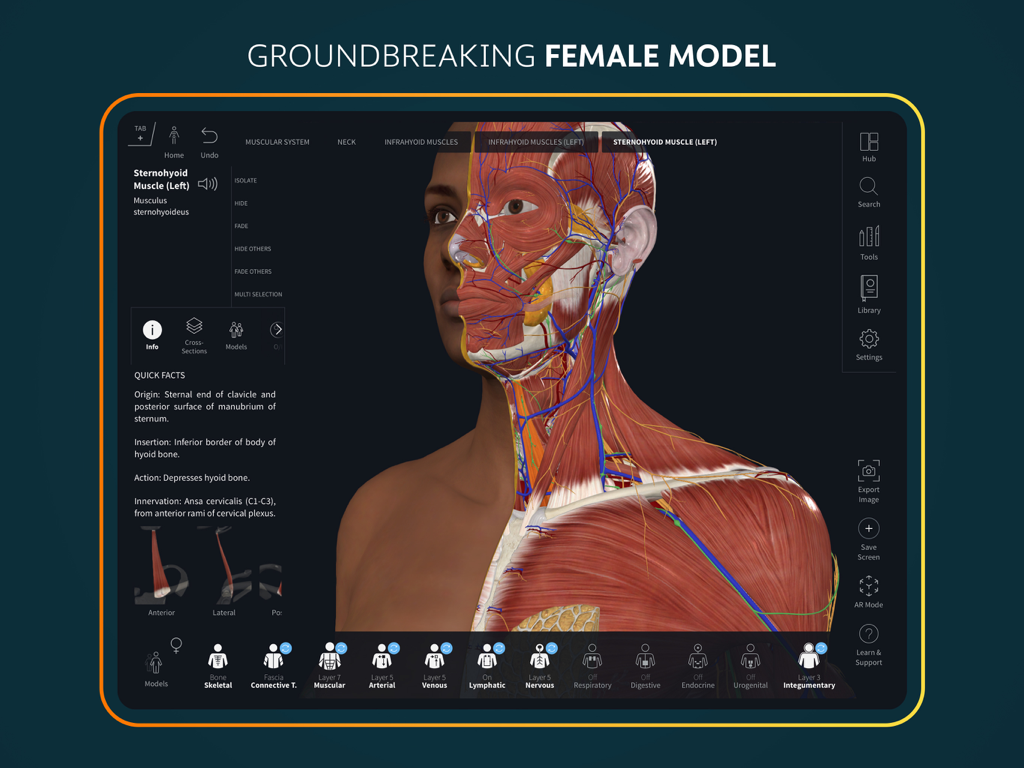 Detailed 3D female anatomy model on an iPad showing head and neck muscles and nervous systems