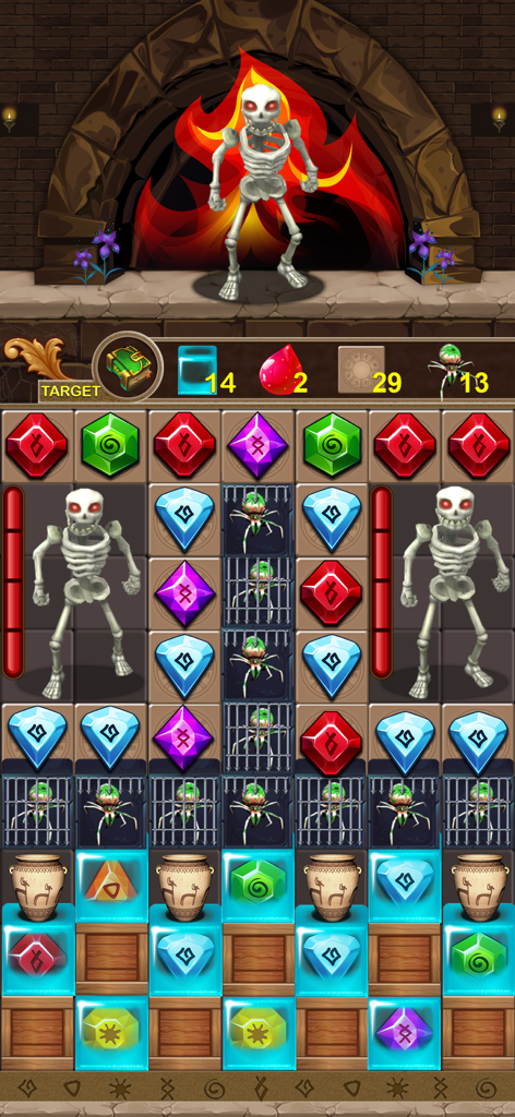 Jewel Ancient Treasure - Gameplay de Jewel Ancient Treasure montrant un puzzle match 3 avec des squelettes dans un temple de l'Égypte ancienne.