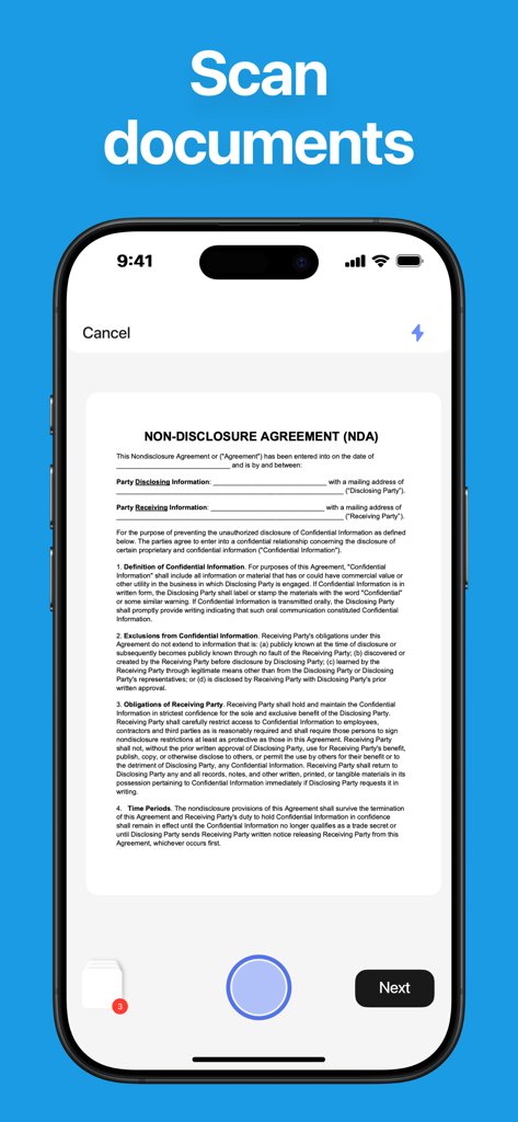 Smart Printer App. - Smart Printer App interface for scanning documents on iPhone featuring an NDA preview