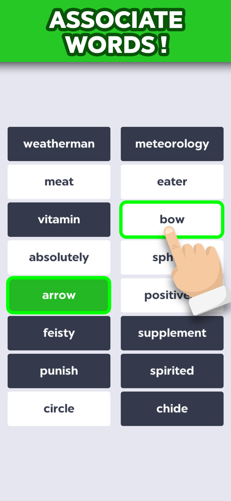 Mobile screen of a word association game showing a player connecting the words arrow and bow