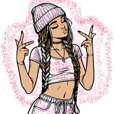 realistic teenage girl with braids and a beanie and crop top doing 🫶🏼