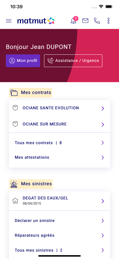 Interface da aplicação de seguros Ma Matmut a exibir detalhes de contratos e estado de sinistros