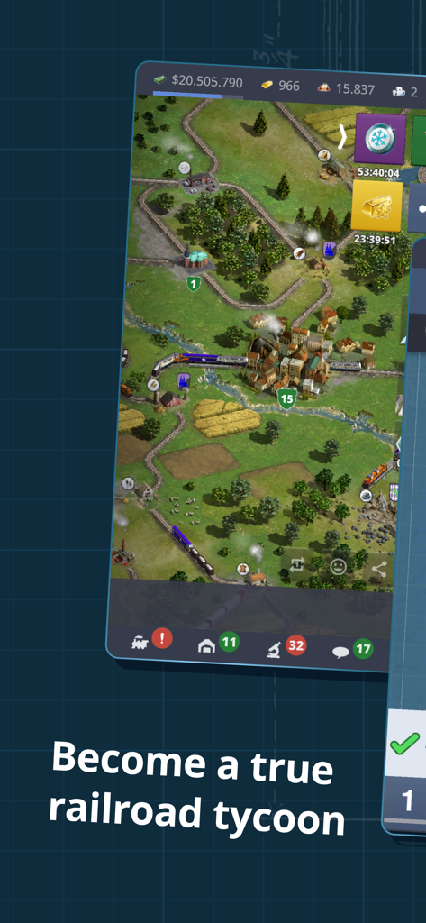 Rail Nation - Top-down view of trains and tracks in Rail Nation strategy game.