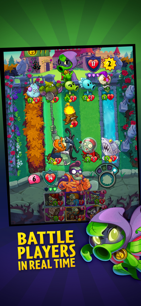 A real-time card battle in Plants vs. Zombies Heroes between plant and zombie heroes on a multi-lane battlefield.