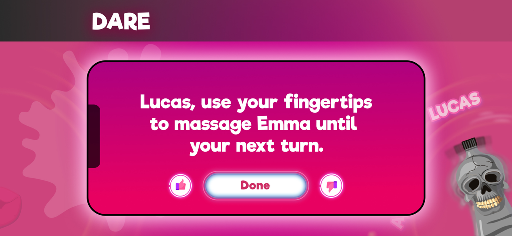 Spin the Bottle! play ’n kiss - A mobile app screenshot of a dare challenge in the Spin the Bottle social game.