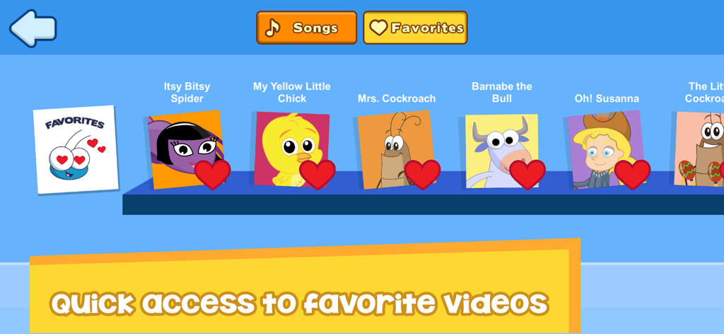 Interfaz de la aplicación Bob Zoom que muestra una colección de canciones y videos infantiles favoritos con personajes de dibujos animados.