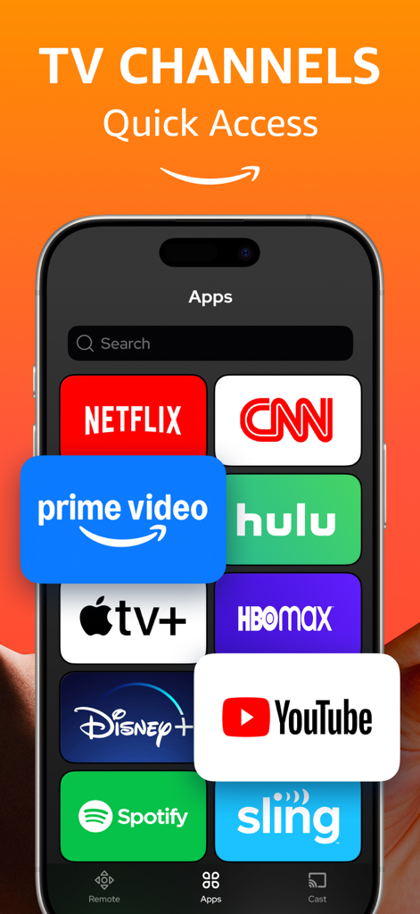 Firestick・Remote Fire TV Stick - Netflix Hulu Prime Videoなどのストリーミングアプリへのクイックアクセスボタンを示すFirestickリモートアプリのインターフェース
