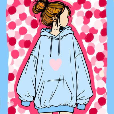 realistic girl with a oversized sweatshirt on and a bun