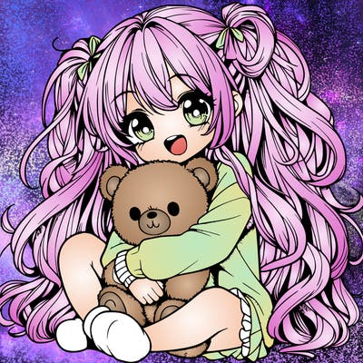 manga girl, long curly hair, happy, cuddling a teddy bear