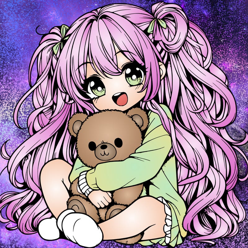 manga girl, long curly hair, happy, cuddling a teddy bear