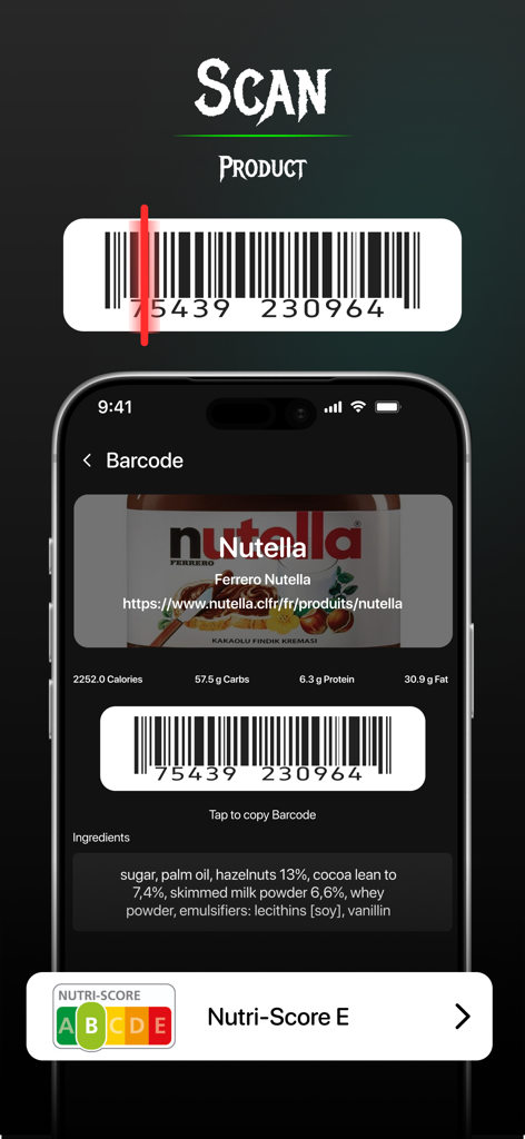 Un smartphone mostrando un escaneo de código de barras de producto con detalles nutricionales e ingredientes de un alimento.