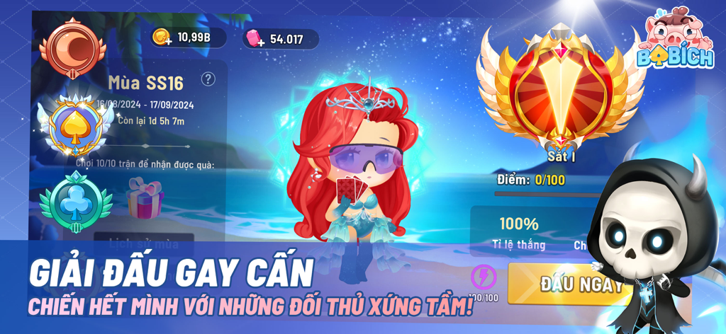 Ba Bich - Tien Len/Thirteen - Ba Bich Tien Len card game interface showing seasonal ranked matches and character avatars