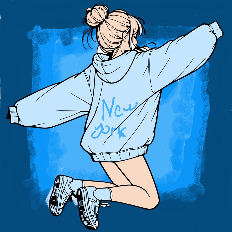 realistic girl jumping with a bun and oversized sweatshirt