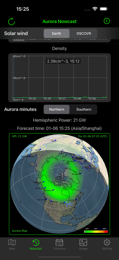 Aurora Map: Aurora All - Pantalla de Aurora Nowcast en tiempo real con gráfico de densidad de viento solar y mapa de probabilidad del hemisferio norte