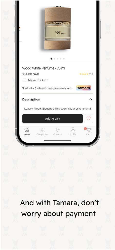 Almajed4oud - الماجد للعود - Page produit du parfum Wood White sur l'application Almajed4oud présentant les paiements sans intérêt de Tamara.