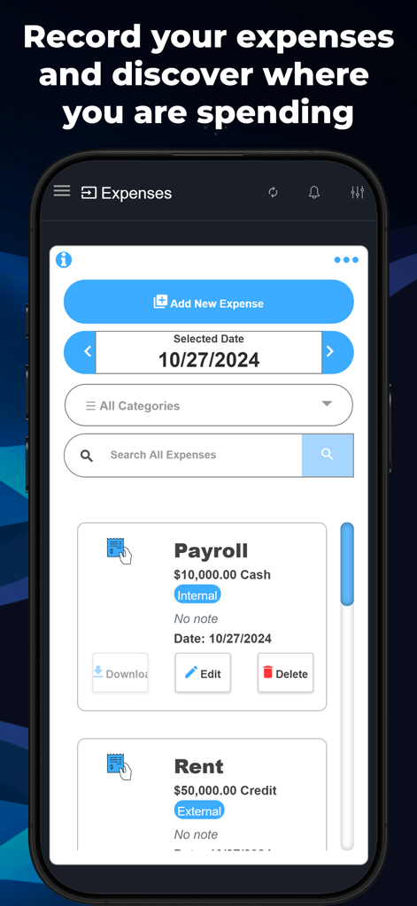 M&M POS - Payments For Stripe - MM POS app interface for tracking business expenses like payroll and rent