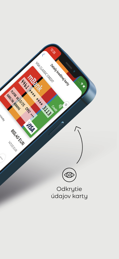 Schermata dell'app mBank SK che mostra i dettagli della carta di credito su uno smartphone