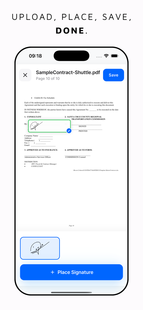 PDF契約書にデジタル署名を配置中のe Signアプリインターフェイスを表示するスマートフォン画面
