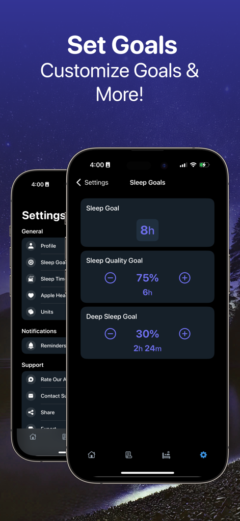 SleepMinder: Ai Sleep Tracker - Interface of SleepMinder app showing customizable sleep goals for total sleep duration, sleep quality percentage, and deep sleep time.