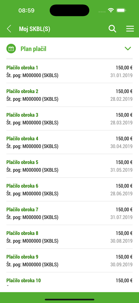 Moj SKBL(S) - Mobile app screen showing a detailed list of scheduled lease payment installments with dates and amounts