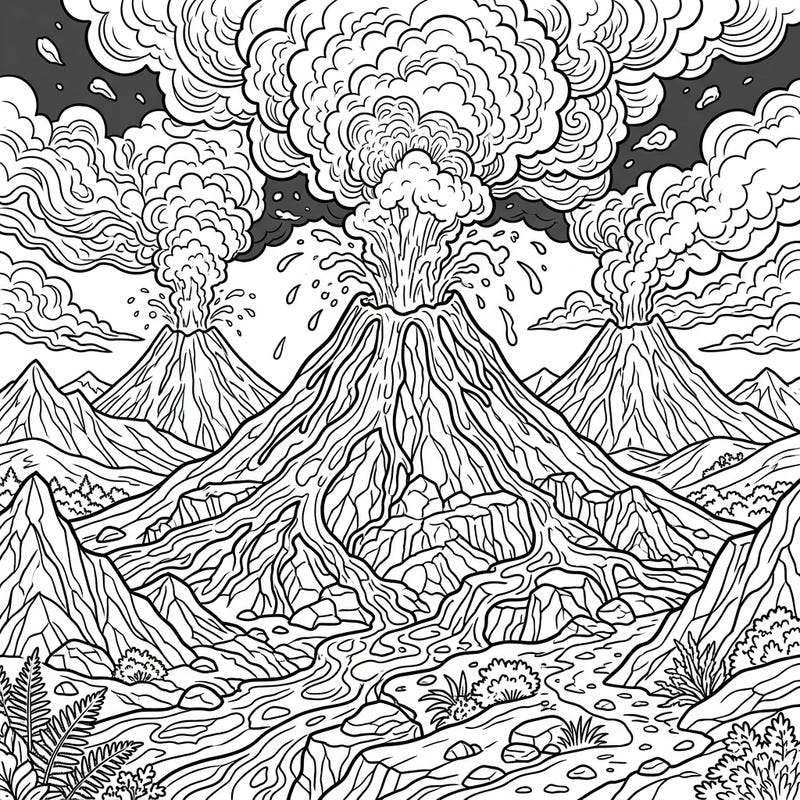 Experience the power of nature with this captivating active volcanoes coloring page, specially designed for seniors. Featuring clear outlines and a dramatic erupting scene, it offers a relaxing and engaging artistic journey.