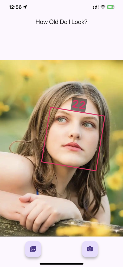 How Old Do I Look? Age Camera - AI age detection screen showing a woman's face with a facial recognition box and an estimated age of 22